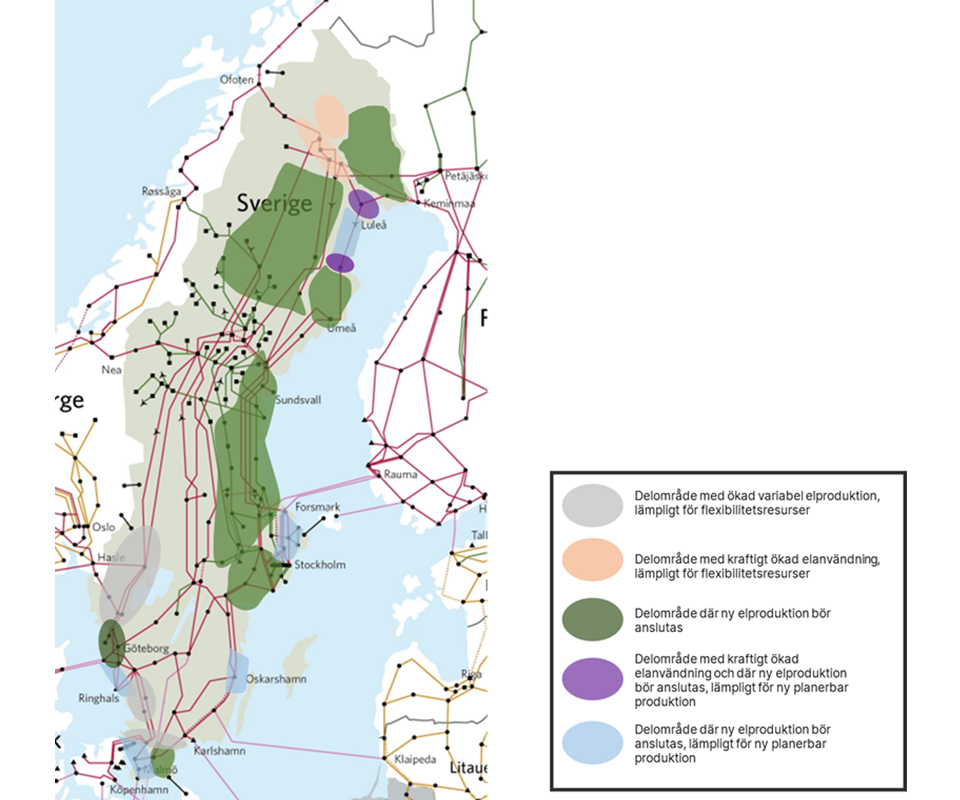 Karta över vilka områden i Sverige som är mest lämpliga för anslutning av ny elproduktion och flexibilitetsresurser. Mot finska gränsen, i Norrlands inland, längs kusten i Mellansverige, på Västkusten och i östra Skåne bör ny elproduktion anslutas. I norra Norrlands inland ökar elanvändningen kraftigt och det är lämpligt att ansluta flexibilitetsresurser. I områdena kring Skellefteå och Luleå ökar elanvändningen kraftigt och det är lämpligt att ansluta ny planerbar elproduktion. Kring Luleå, Uppland, Smålandskusten, Västkusten och västra Skåne bör ny elproduktion anslutas och det är lämpligt med ny planerbar produktion. I området kring Värmland och i sydvästra Sverige ökar den variabla elproduktionen och det är lämpligt med fler flexibilitetsresurser.
