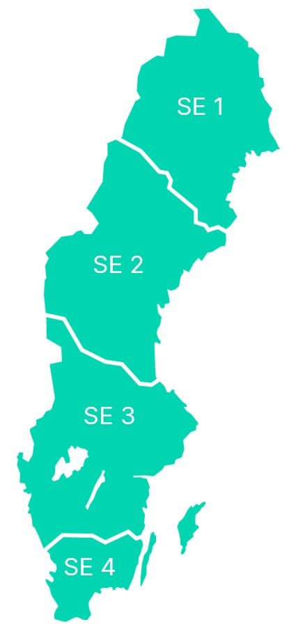 Sverigekarta med elområden markerade.