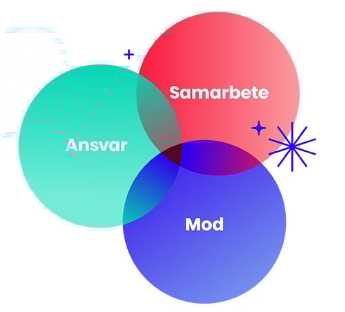 Venn-diagram med tre cirklar: Ansvar' (turkos), Samarbete (röd) och Mod (blå), med ett överlapp i mitten och dekorativa blå symboler i bakgrunden.