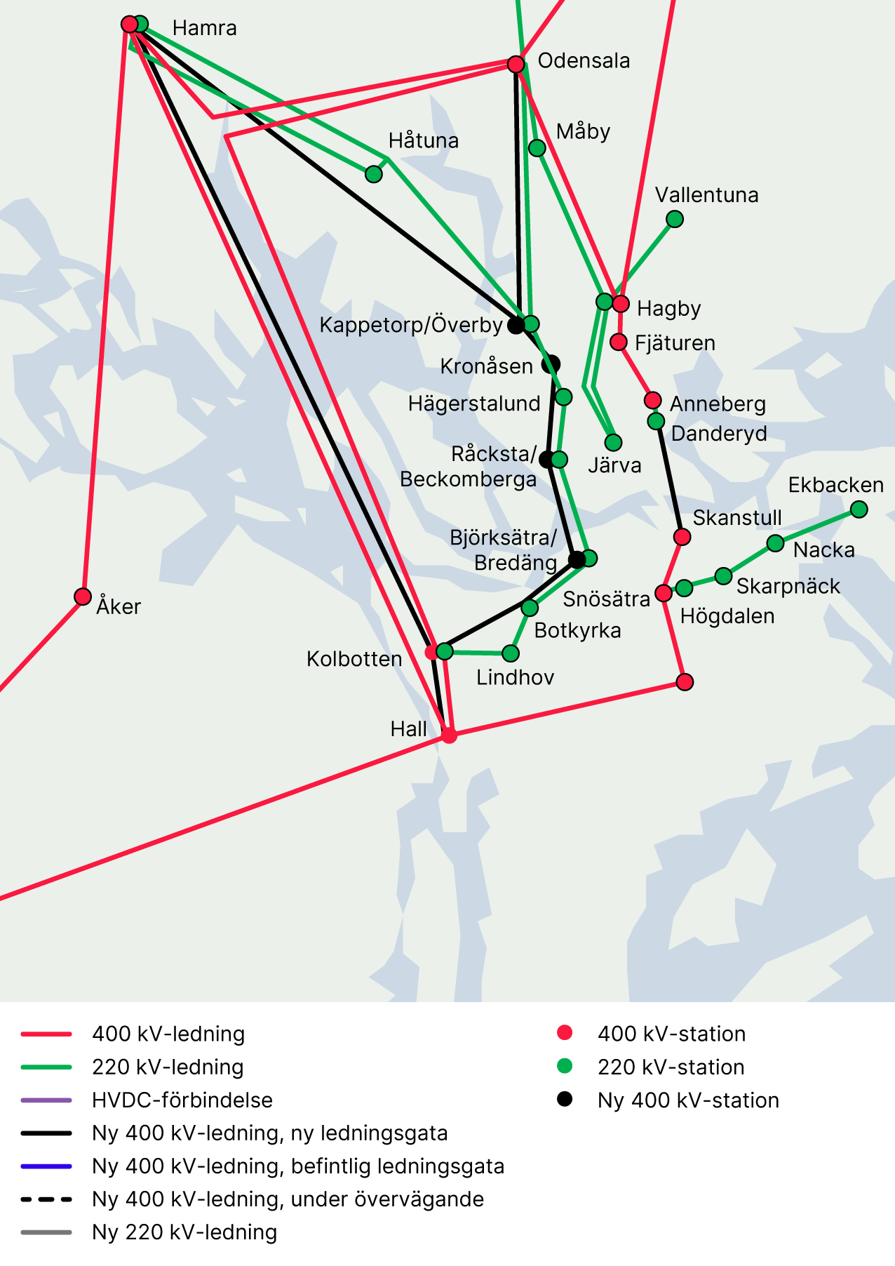 Figur 1. Illustration av nätåtgärder inom energisystemplaneringen för Stockholmsregionen. Förändringarna i underliggande nät är inte med i Figur 1, men beskrivs närmare i regionnätets och lokalnätets utvecklingsplan.