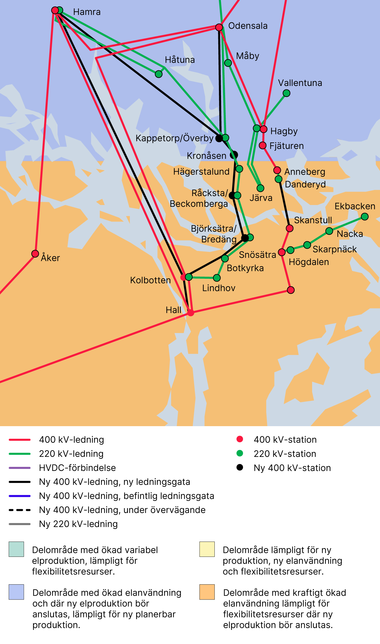 Figur 2. Illustration av Stockholmsregionen för anslutning, för att främja en effektiv utbyggnad av elsystemet på 10-15 års sikt.