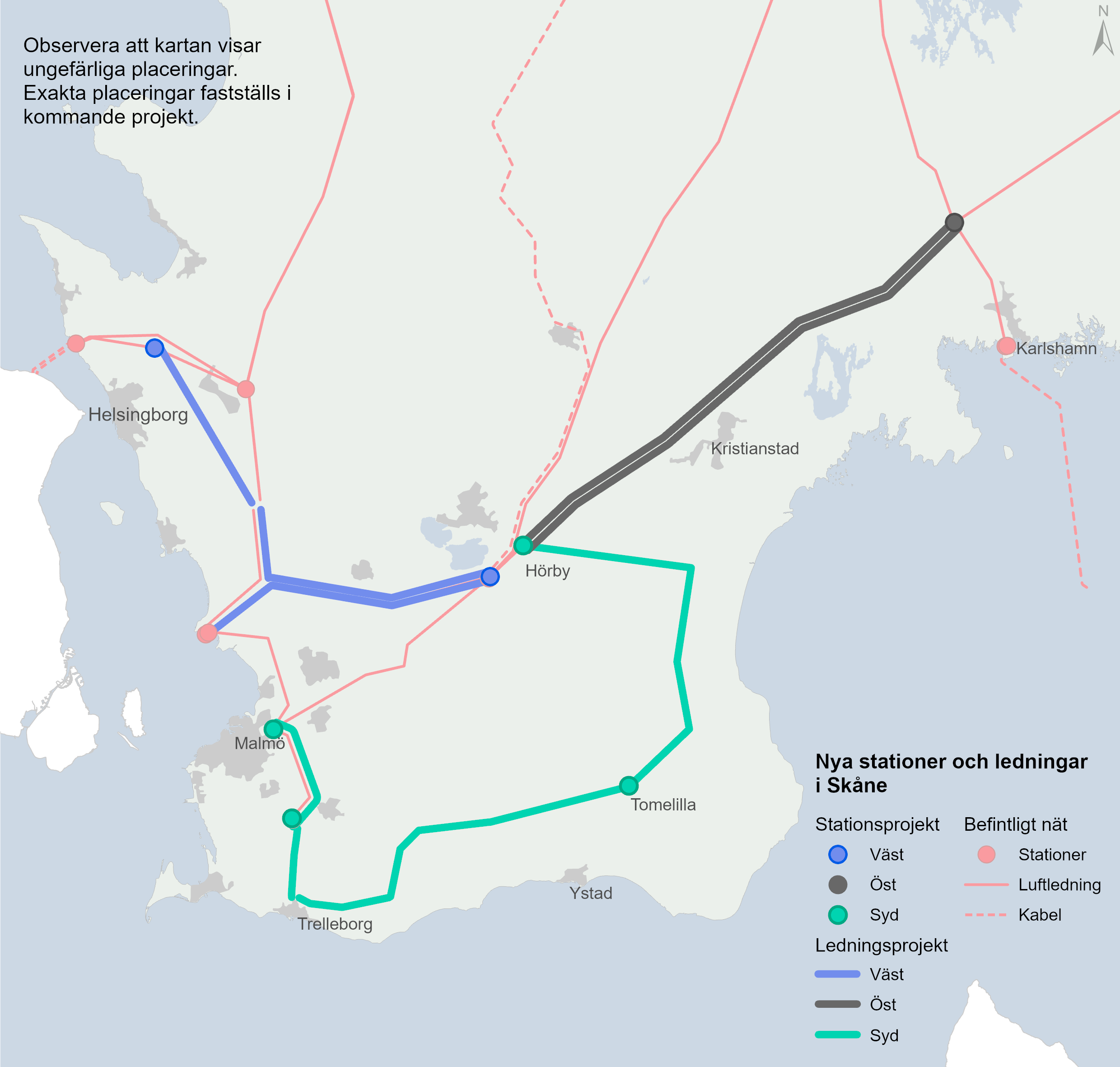 Karta över Skåne som visar befintligt nät och kommande satsningar