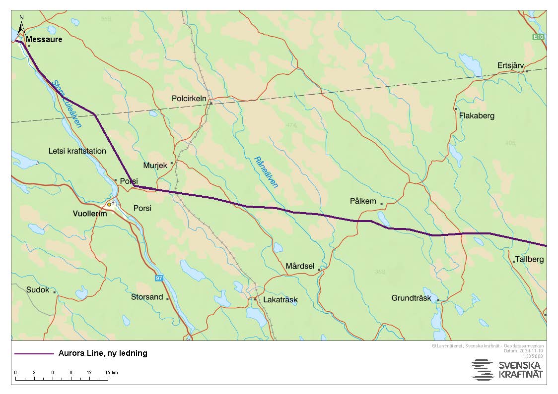 Kartbild som visar vart den nya ledningen Aurora Line byggs