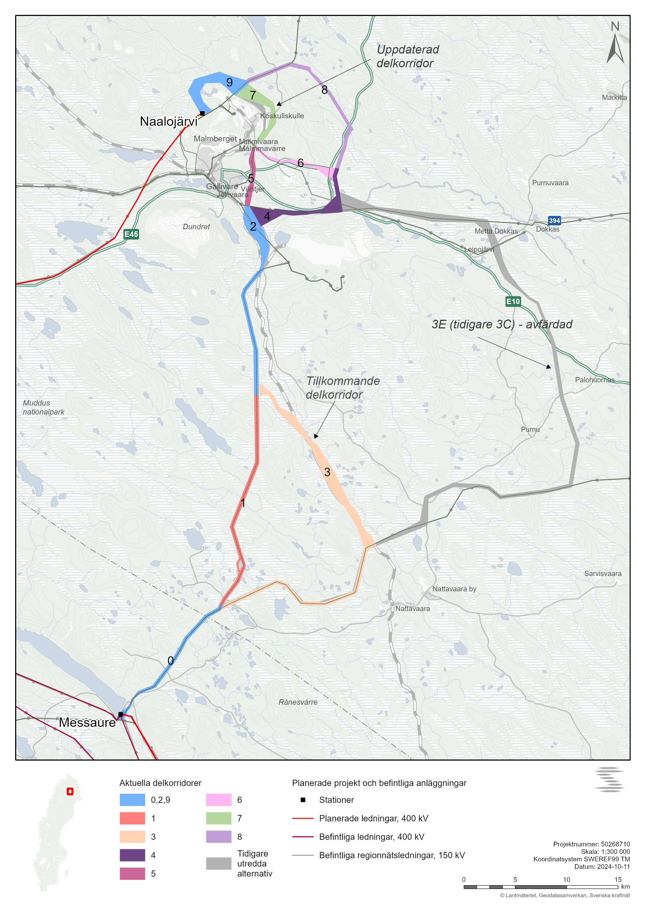 Karta över reviderade utredningskorridorer i projekt Naalojärvi–Messaure