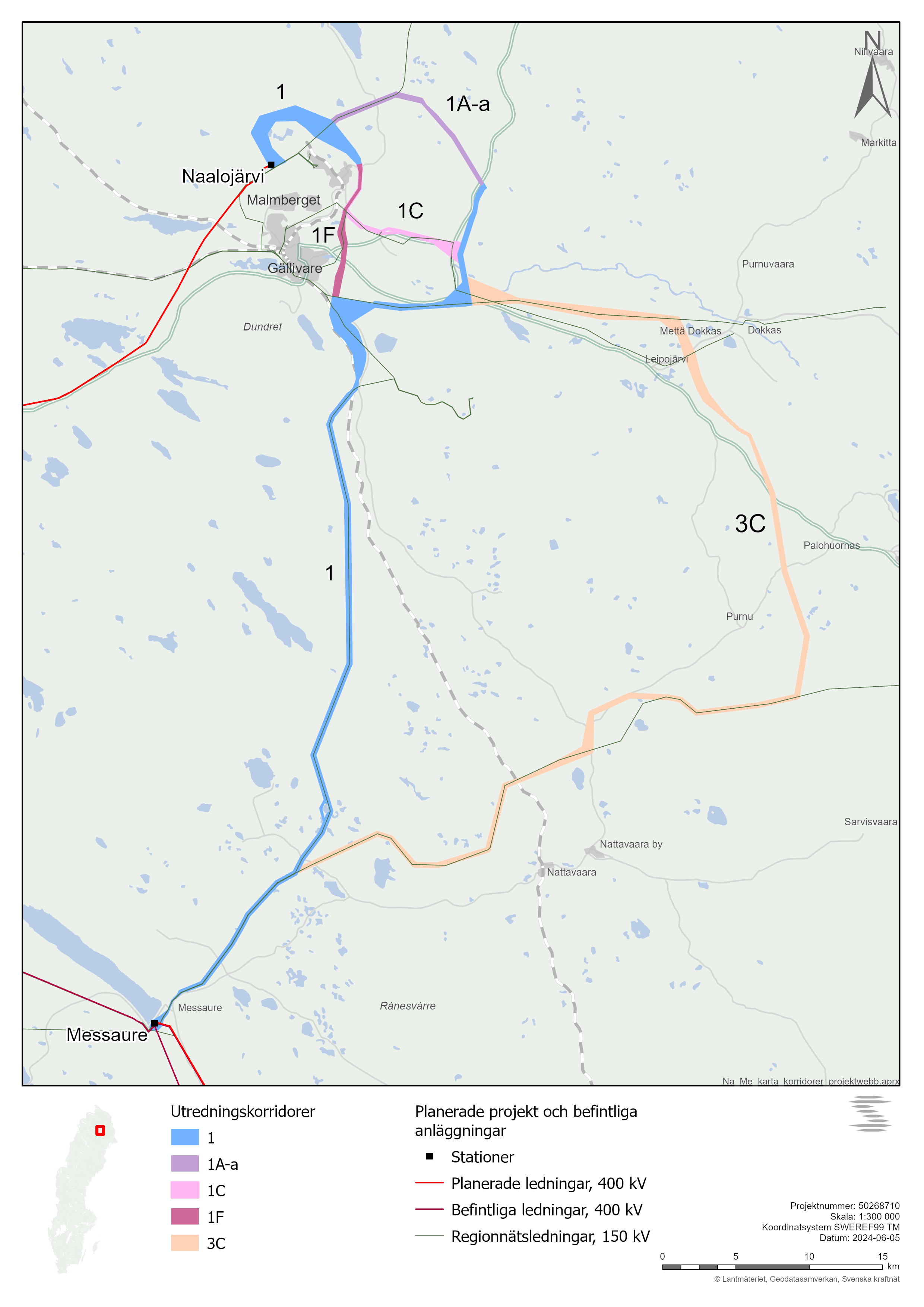 Karta över valda utredningskorridorer i projekt Naalojärvi--Messaure