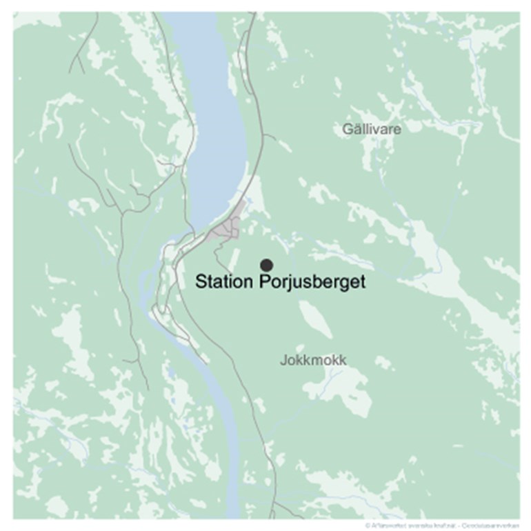 Karta som visar placeringen av transmissionsnätsstation vid Porjus