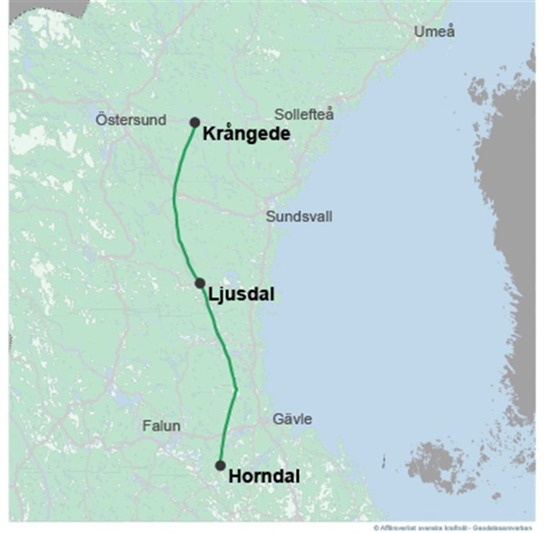 Karta över ledningssträckan mellan stationerna Krångede i Ragunda kommun och Horndal i Avesta kommun. 