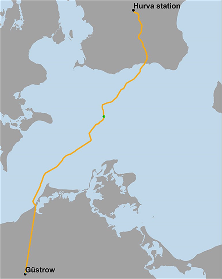 Karta på kopplingen Hurva station i Sverige och Gustrow i Tyskland