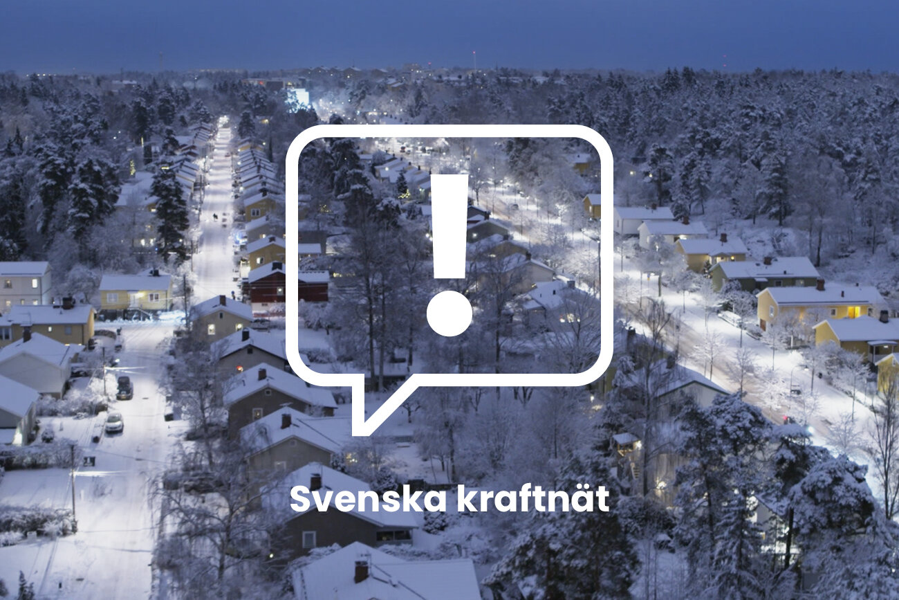 Svenska kraftnät och vintrigt landskap med pratbubbla med utropstecken