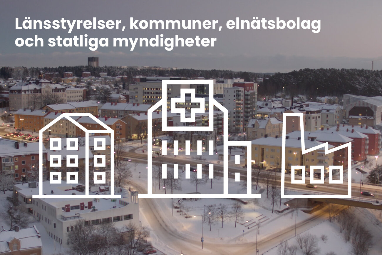 kommuner, elbolag och länsstyrelse och stadbild med ikoner för sjukhus och fabrik